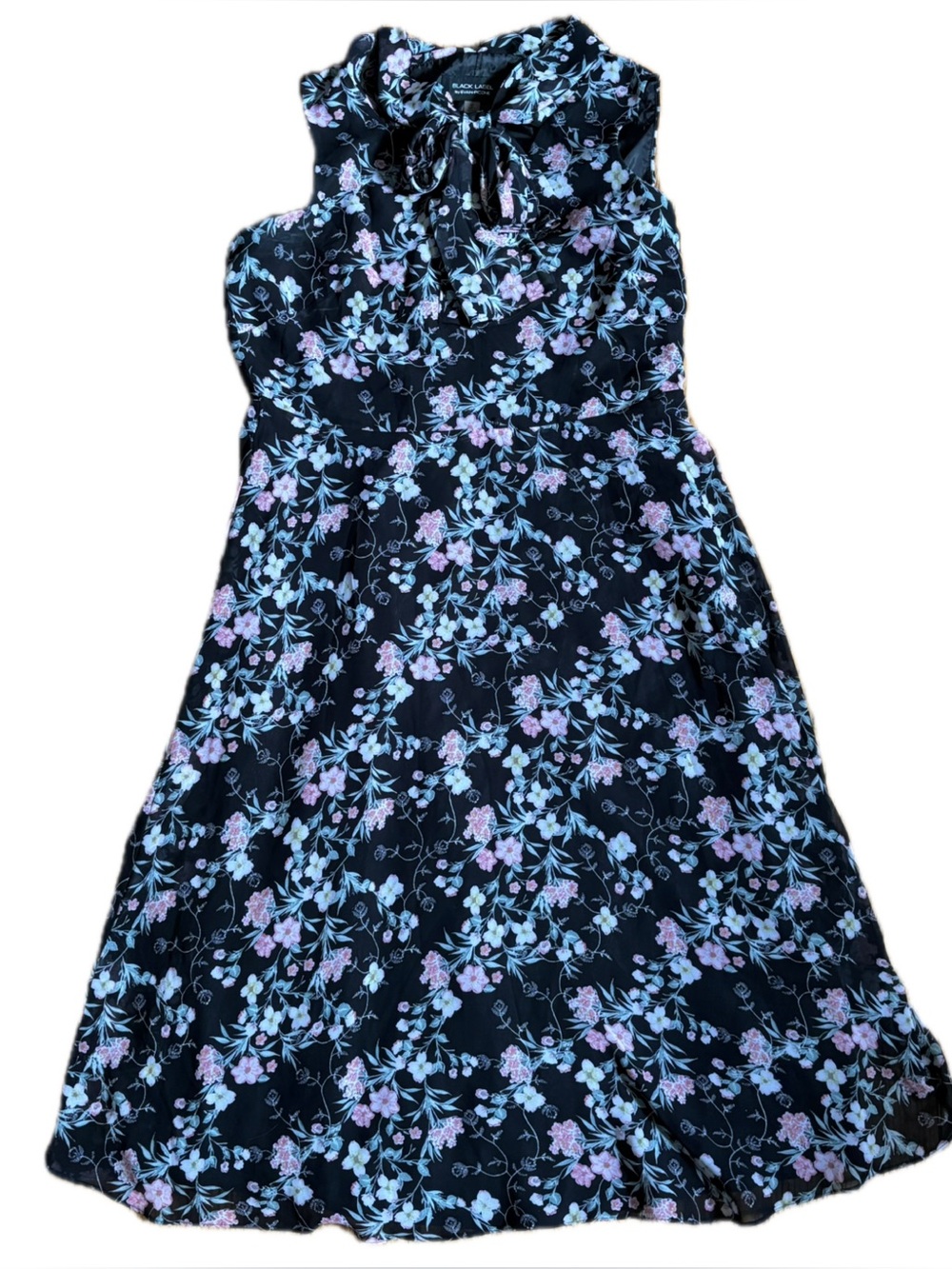 Black Label Evan Picone Floral Dress Fits 10 12 Pussybow Collar Retro Secretary